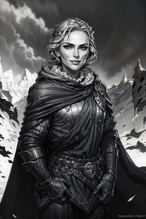 (masterpiece, top quality, best quality, official art, detailed:1.2), <lora:queen_meve:0.7>, queen_meve, solo, looking at viewer, smile, jewelry, monochrome, earrings, cape, blood, hood down, scar on face, 1girl