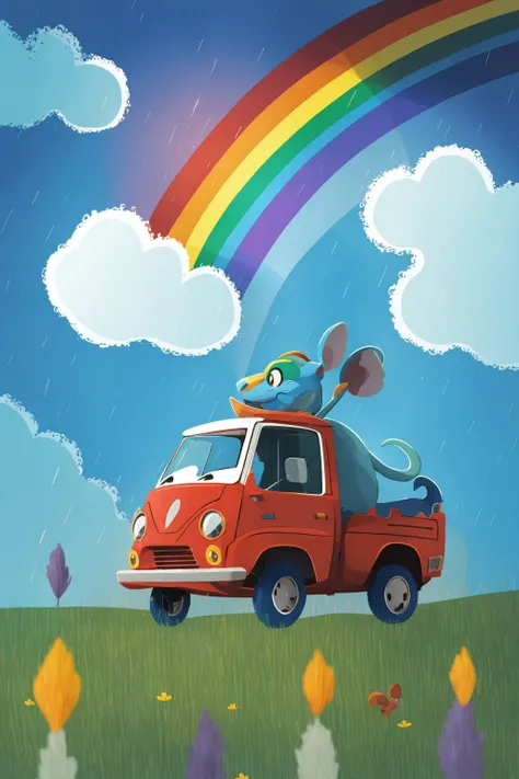 fant, antonella fant, solo, closed mouth, tail, outdoors, sky, cloud, pokemon (creature), no humans, grass, looking up, ground vehicle, motor vehicle, rain, mouse ears, fence, car, mouse tail, rainbow,
<lora:antonellafant-04:0.95>