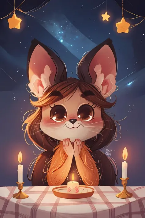 fant, antonella fant, blush, smile, brown hair, heart, food, sky, signature, star (symbol), symbol-shaped pupils, no humans, night, table, star (sky), night sky, furry, starry sky, candle,<lora:antonellafant:0.8>,chibi,