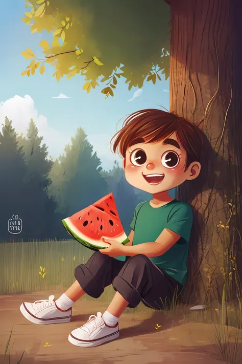 fant,antonella fant,masterpiece,best quality,ruit,1boy,solo,eating,holding watermelon,male focus,brown hair,yellow shirt,pants,holding,open mouth,sitting ground,smile,short sleeves,white footwear,sky,forest,dog,(more Cut Watermelon:1.1),<lora:antonellafant...