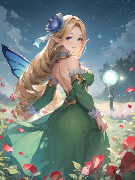 masterpiece,best quality,highres,cinematic lighting,dramatic angle,1girl,blonde hair,drill hair, green dress,parted bangs,cleavage,looking at viewer,pointy ears,blue eyes,bare shoulders,wings,frills,petal,grass,smile,<lora:ShadowverseBrilliantFairyV1-00002...