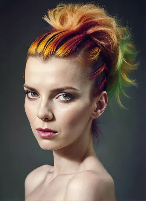 portrait of sks woman by Flora Borsi, style by Flora Borsi, bold, bright colours, rainbow Mohawk haircut, ((Flora Borsi)), <lora:locon_bettygilpin_v1_from_v1_64_32:1.25>