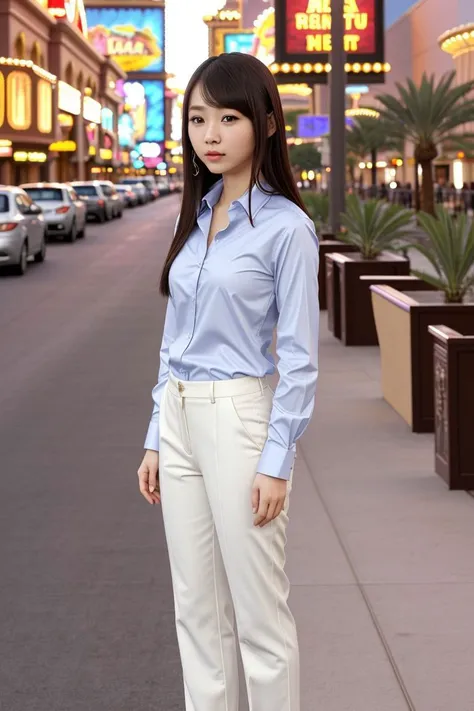 <lora:miyu_suenaga_obj20:0.5>, full_body, standing, sandals, (shirt), pants, (las vegas strip), (miyu_suenaga: 1.2), perfect face, (contact iris: 1.1), pale skin, skin pores , depth of field