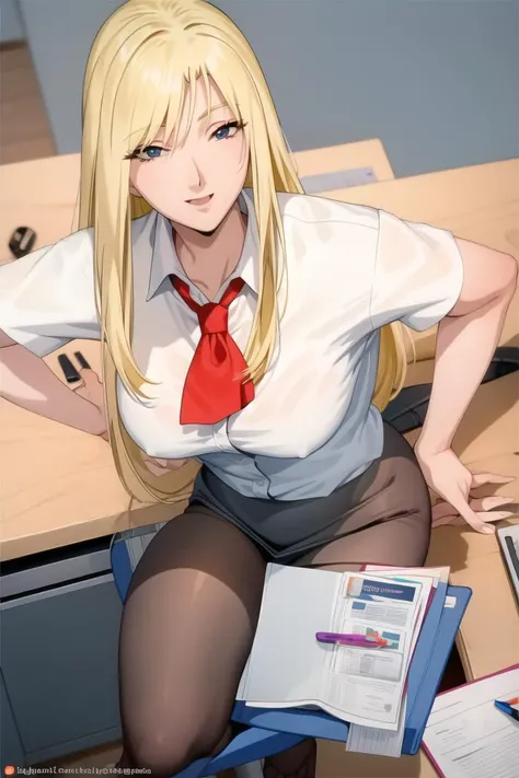 best quality, masterpiece,
1girl, solo, kanzakiurumi, mature female, medium breasts, slender body, blond,
happy face,
office desk, from above, lying,
anime coloring, retro style,
<lora:Kanzaki_Urumi:0.75>, office lady, pantyhose, shirt, skirt, <lora:office...