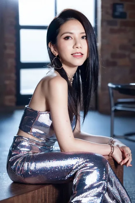 a woman sitting on a bench in a silver dress