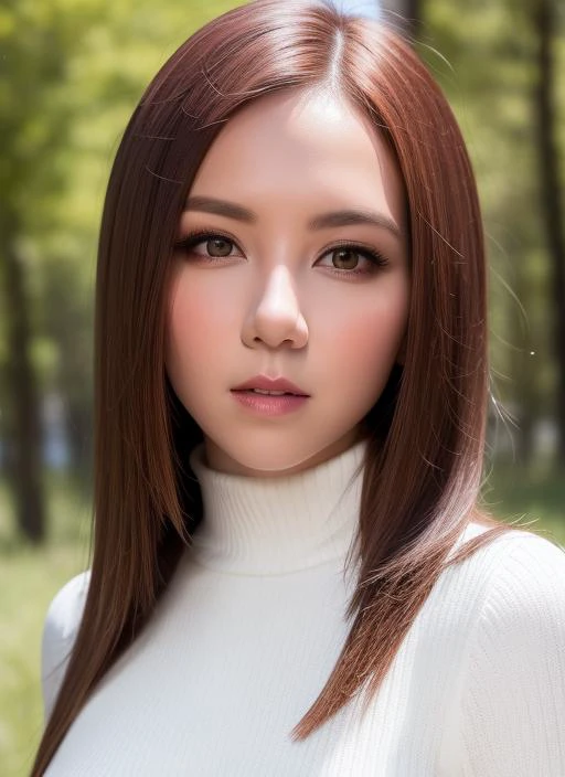 a close up of a woman with long brown hair and a white turtle neck