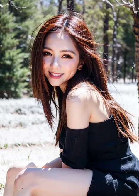 a close up of a woman sitting on a bench in a field