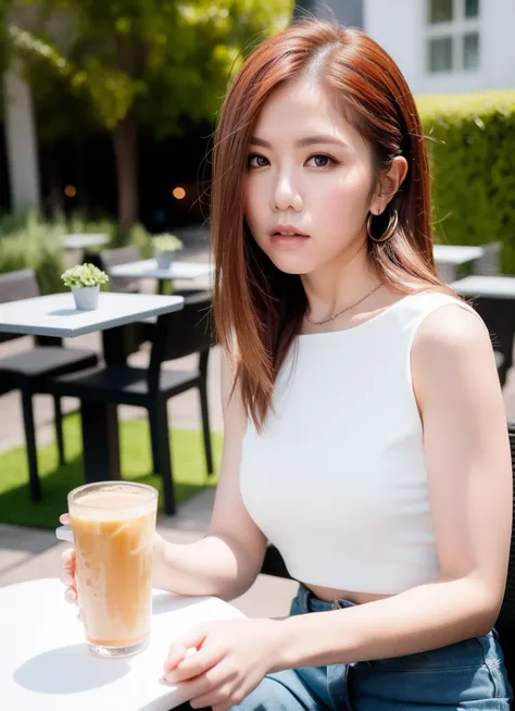 a close up of a woman sitting at a table with a drink