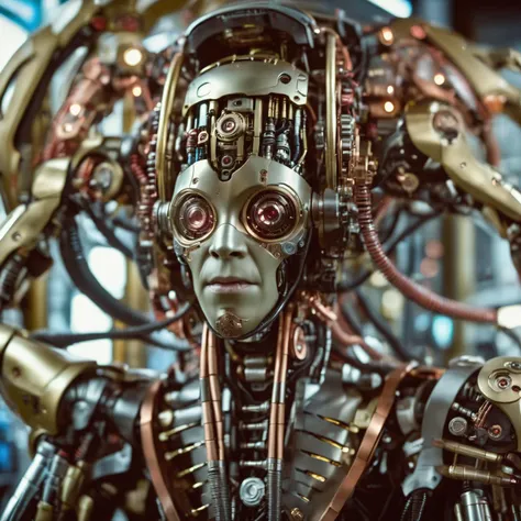 steampunk documentary photography a close up of biomechanical body parts of a futuristic synthetic robot, highly detailed, futurism, sci-fi, space fiction, hi-tech, candid, real-life events, social commentary, highly detailed, Victorian, industrial, mechan...