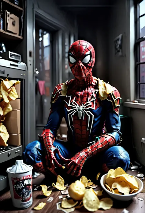 spider - man sitting on the floor with chips and a can of soda