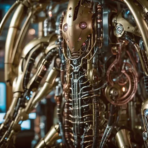 steampunk documentary photography a close up of biomechanical body parts of a futuristic synthetic robot, highly detailed, futurism, sci-fi, space fiction, hi-tech, candid, real-life events, social commentary, highly detailed, Victorian, industrial, mechan...