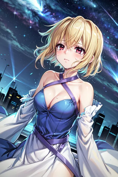 masterpiece,best quality,1girl,solo,stellar loussier,sl1,short hair,messy hair,blonde hair,(red eyes)|purple eyes,(tears,tearing up,streaming tears),(dress, detached sleeves, bare shoulders, cleavage, medium breasts),starry sky,wind,((dutch angle)),<lora:s...