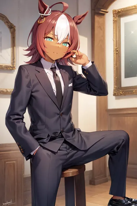 anime character dressed in a suit and tie sitting on a stool