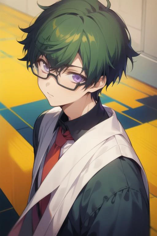 masterpiece, best quality, high quality, 1boy, solo, male focus, looking at viewer, upper body, <lora:takaharu_ootomo:0.54>, takaharu_ootomo, purple eyes, green hair, glasses, ,