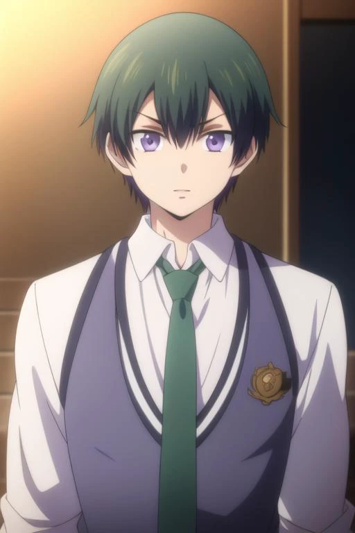 masterpiece, best quality, high quality, 1boy, solo, male focus, looking at viewer, upper body, <lora:takaharu_ootomo:0.72>, takaharu_ootomo, purple eyes, green hair, , formal, necktie, dress shirt