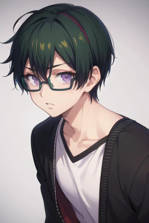 masterpiece, best quality, high quality, 1boy, solo, male focus, looking at viewer, upper body, <lora:takaharu_ootomo:0.58>, takaharu_ootomo, purple eyes, green hair, glasses, ,