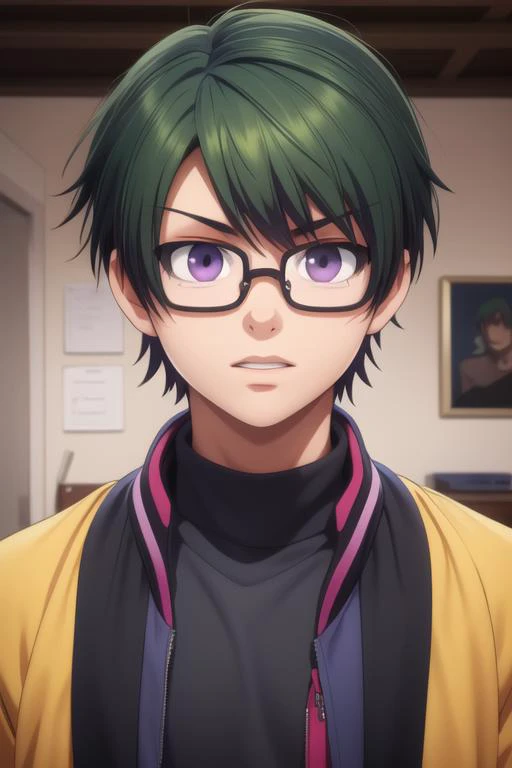 masterpiece, best quality, high quality, 1boy, solo, male focus, looking at viewer, upper body, <lora:takaharu_ootomo:0.68>, takaharu_ootomo, purple eyes, green hair, glasses, realistic, jacket