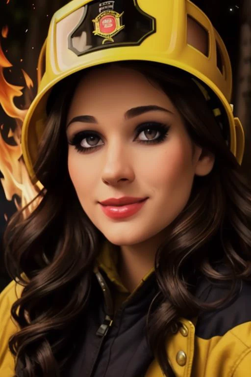 <lora:laurenelise-07:0.6>, lauren elise,  , ((dark brown hair)), photo of a woman, ((outdoors, fire, at night)),((firefighter uniform, firefighter hat)) smiling, (lipstick, blush, eye shadow), ((best quality, masterpiece, extreme details, high resolution):...