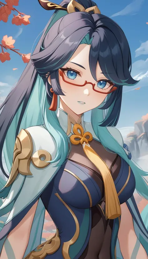 <lora:liuyun:0.8>1girl, liuyun, genshin impact,
blue_eyes, long_hair, black_hair,semi-rimless_eyewear, hair_ornament, covered_navel, red-framed_eyewear, blue_hair, multicolored_hair, bangs, chinese_clothes