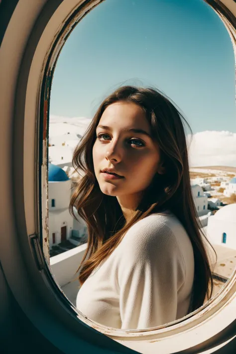 a woman looking out of a window at the sky