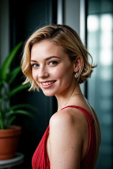 a close up of a woman in a red dress smiling