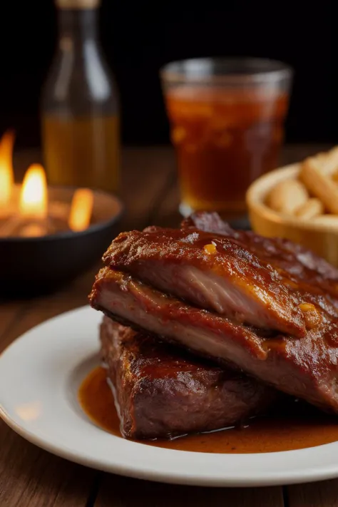 there is a plate of ribs and potatoes on a table