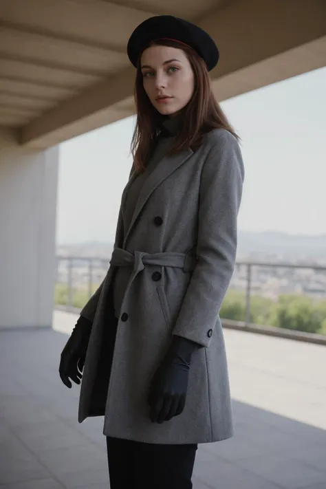 arafed woman in a gray coat and black gloves standing on a balcony