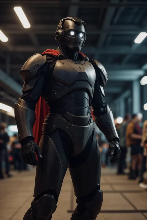 a man in a black suit and red cape standing in a room