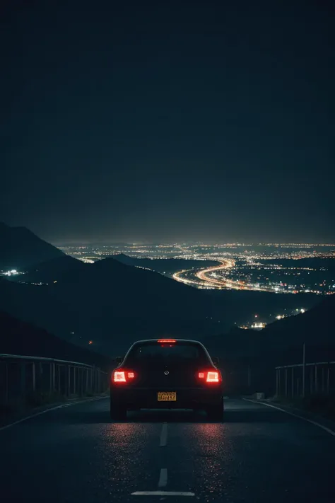 ektachrome photography of a vista. a futuristic cyberpunk car, seen from behind, drives down a dark road at night towards a fara...