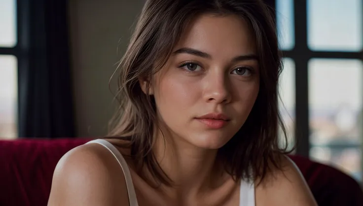 a close up of a woman sitting on a red couch