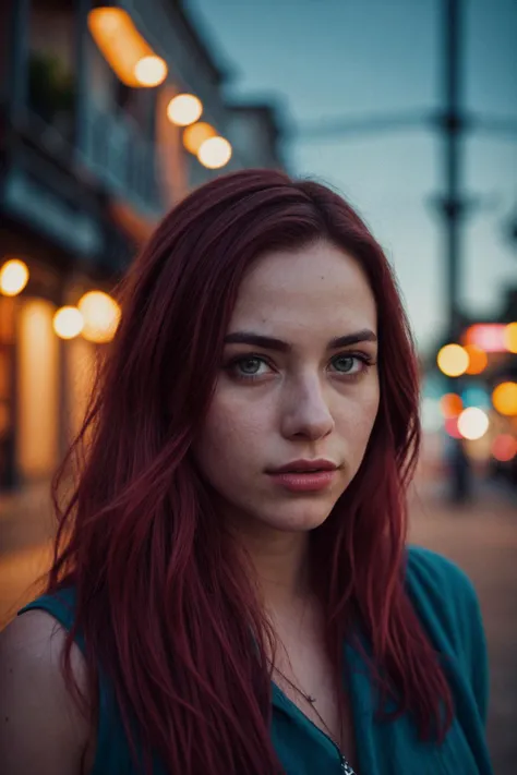 Cinematic, realistic, close-up, cinematic documentary of a 22-year-old woman with vibrant red hair and eyes the hue of twilight, embracing the lively spirit of New Orleans, Louisiana, the cityâs music and history resonating with her adventurous heart, sh...