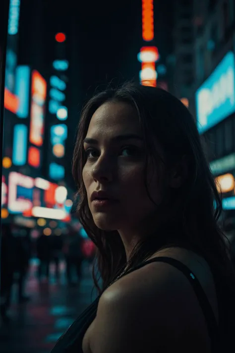 a woman standing in the middle of a city at night