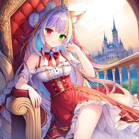 best quality, masterpiece, highres, detailed, perfect anatomy, <lyco:Change - PrincessCh:0.9>, PrincessCh, castle, throne, dress, heterochromia, multicolored hair, tiara, braid, braided bun, fox ears, fox tail, dog ears, dog tail, cat ears, cat tail,