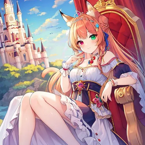 a close up of a woman sitting on a chair in front of a castle