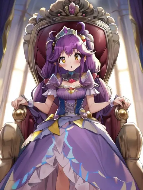 a woman in a purple dress sitting on a chair with a crown on her head