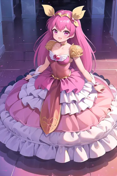 anime girl in a pink dress sitting on a floor