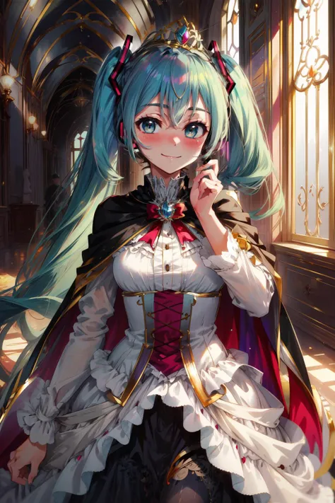 masterpiece,best quality,1girl,hatsune miku,light smile,blush,PrincessCh,dress,tiara,cape,palace interior,<lora:PrincessCh:0.7>,