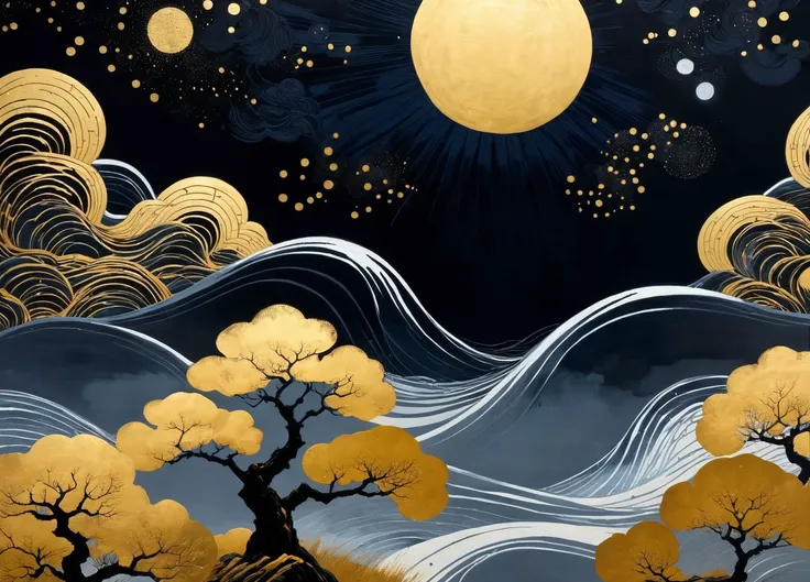 a close up of a painting of a moon and trees