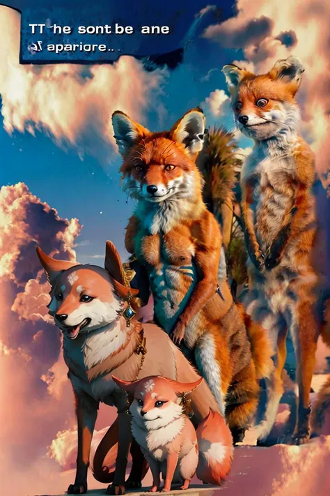 there are four foxes standing on a hill with a sky background