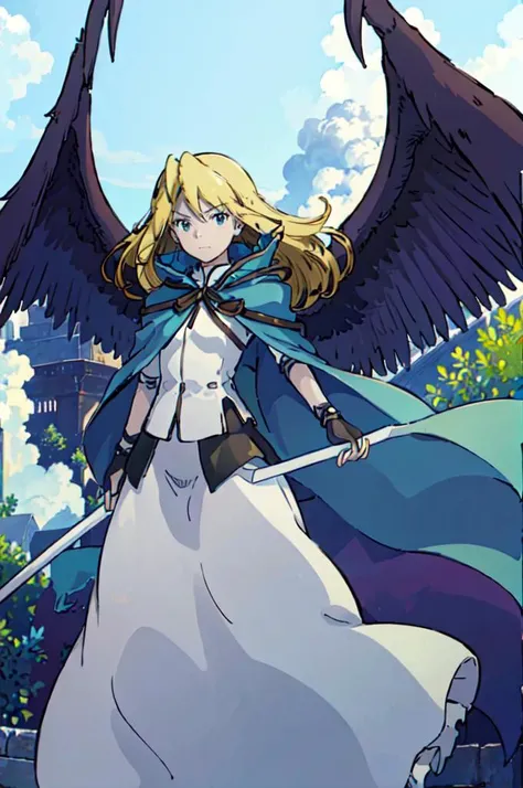 <lora:Ghibli-v2:0.7> <lora:RtPL-Malice:1> malice_(riviera), black_wings, blonde_hair, long_hair, blue_cape, white_dress, angel_wings, gloves,, ultra detailed, masterpiece, best quality, aesthetic, detailed,