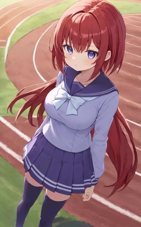 track, turf, 1girl, petite . big breast , skindentation, hip focus, looking down, Birdfs Eye View, Three-Point Lighting, contrapposto, dynamic pose, <lora:_sdxl-um-trauniform:0.7> trawinuni, winter tracen_school_uniform, purpleblue sailor collar, purpleblu...