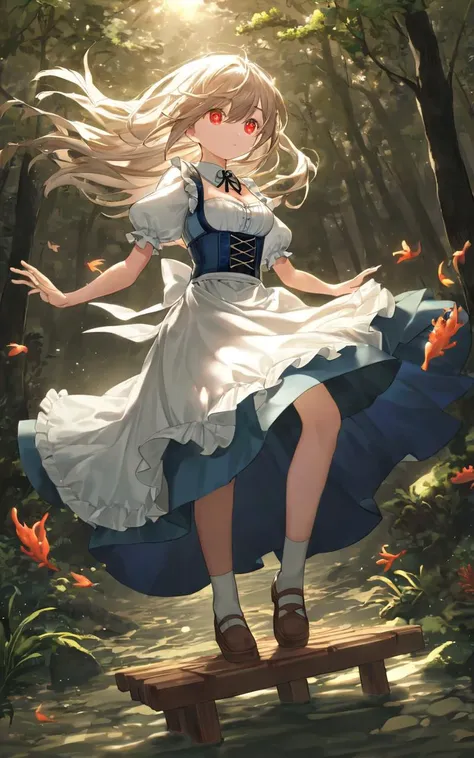 1girl, young . medium breast , skindentation, , looking away, fullbody, Bottom Light, contrapposto, dynamic pose, dirndl white dress, puffy sleeves, brown leaser bustier, dark sky blue corset, coral long skirt, white apron, wooden shoes, floating (detailed...