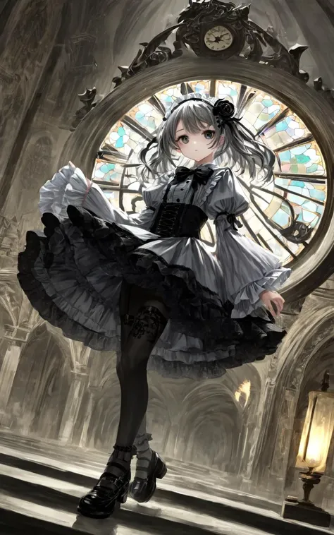 _25D-Style,  <lora:_sdxl-25D-Style:1.0>, 1girl, childish . medium breast , skindentation, lower eyelashes, upper eyelashes, eyeliner, Gothic Frilled dress, long skirt, Headdress, bowknot, hair ornament, hair flower, black fishnet_pantyhose, garter straps, ...