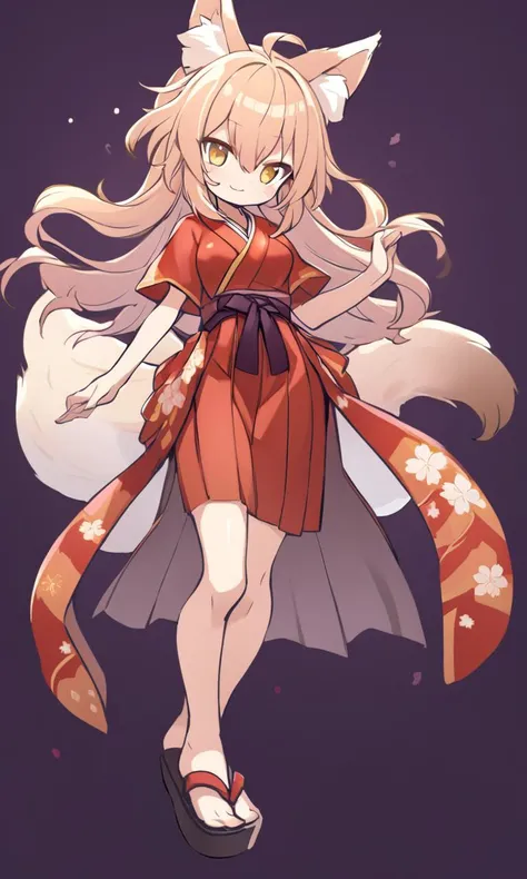 skindantation cute fox ears and tail young girl :3  happy glistening skin eyeliner medium breasts (gold eyes) shiny hair messy hair ((eyes visible through hair)) +++ (japanese vermilion mikofuku kimono hakama zouri) thigh_gap