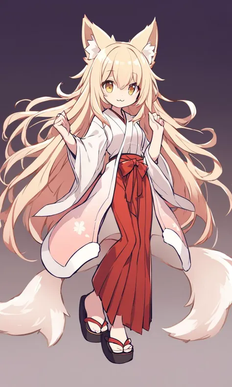 skindantation cute fox ears and tail young girl :3  happy glistening skin eyeliner medium breasts (gold eyes) shiny hair messy hair ((eyes visible through hair)) +++ (japanese vermilion mikofuku kimono hakama zouri) thigh_gap