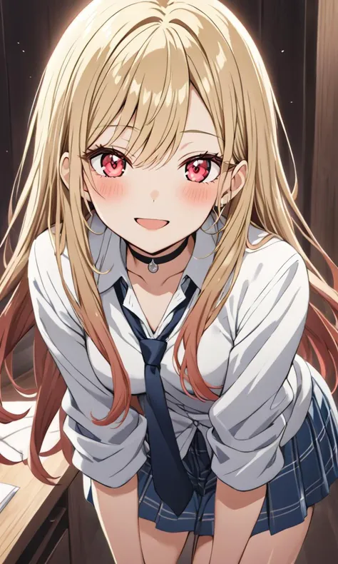 anime girl with long blonde hair and red eyes in a school uniform