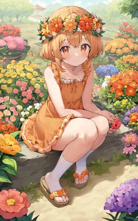 flower crown, flower garden, 1girl, young . small beasdt , skindentation, orange sundress zettairyouiki (coral over knee socks), sandales