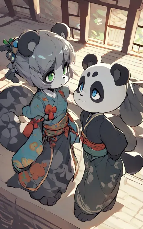 panda ears, panda tail, furry, beastman , Tibetan Temple, 1girl, teen . medium breast , skindantation, gray  flower pattern long_chinese_cloth , score_9, score_8, score_7_up, from above, look up to, Profile Shot, Low-Key Lighting