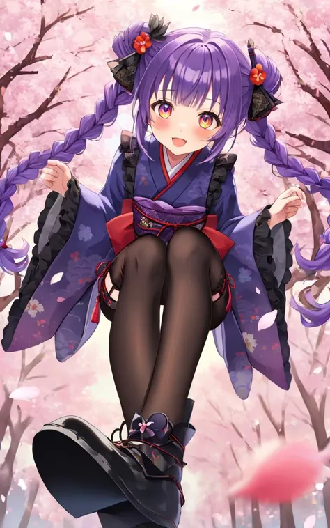 wavy mouth, half opened mouth, Peachland, fantastic, (cherry blossoms), park, petals, wind, extremely quality extremely detailed, illustration, cute anime face, updo vermilion  flower pattern japanese clothes kimono , zouri  kanzashi, beautiful detailed ey...