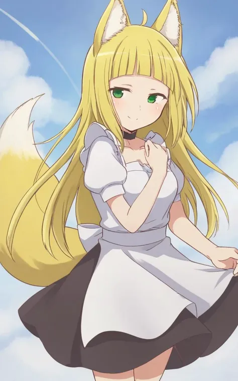 1girl <lora:sdxl-dm-haruhime:0.6> haruhime, blond hair fox_ears, fox tail long hair blunt_bangs shiny hair, green_eyes sleepy eyes, eyeliner blush medium breasts skindantation choker smile , sky blue maid, white apron , score_9, score_8, score_7_up